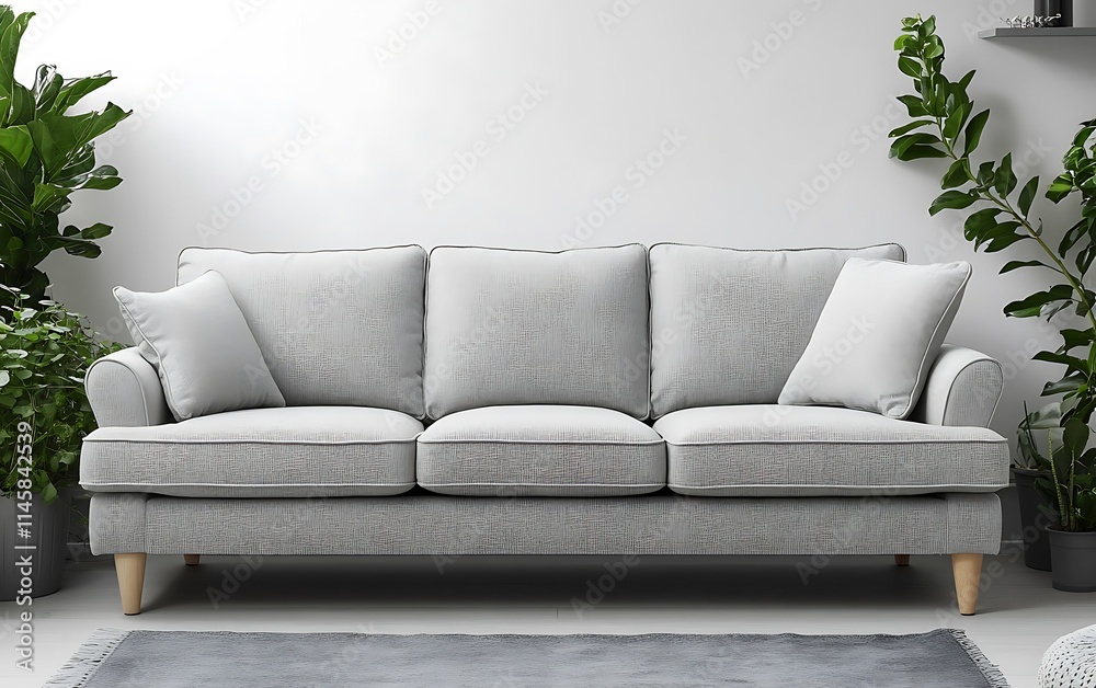 Light grey fabric sofa in minimalist living room with plants. Light grey fabric sofa in minimalist living room with plants.