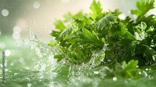 Splashing fresh parsley in water nature setting culinary photography vibrant environment close-up viewpoint