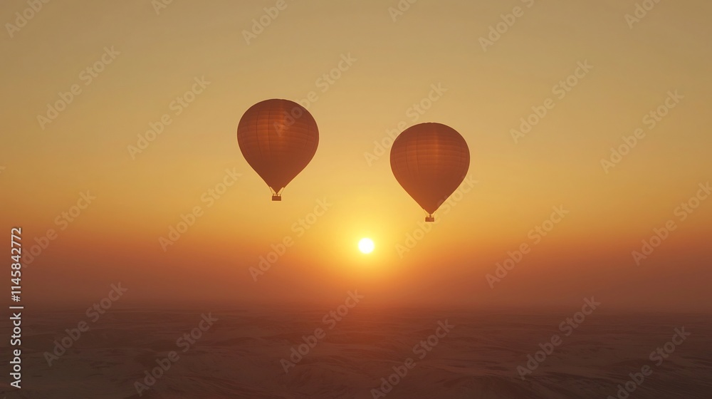 Naklejka premium Enchanting Hot Air Balloons Drifting Above Serene Turkish Desert Landscape at Sunset