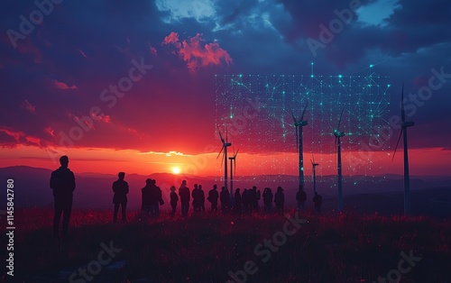 Wallpaper Mural Wind turbines at sunset with a digital green network overlay, as a group of people observes, symbolizing the shift towards renewable energy and sustainability Torontodigital.ca