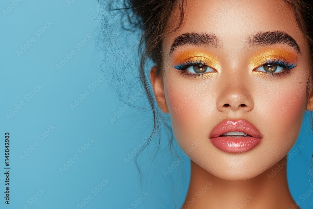 Fototapeta premium Radiant portrait of a young model showcasing vibrant makeup against a bright blue background