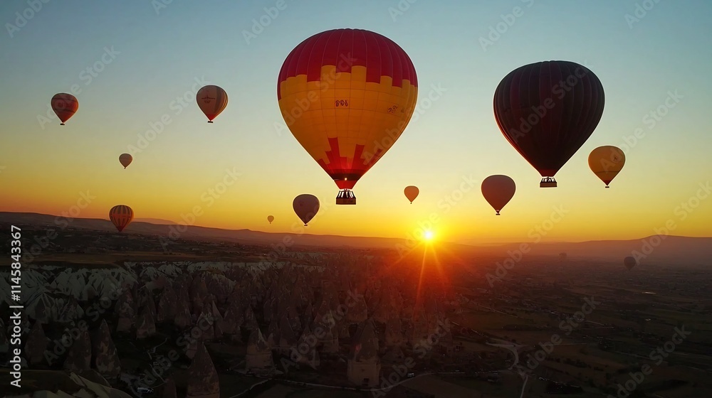 Naklejka premium Colorful hot air balloons soaring over the serene desert landscape of Cappadocia during the golden hour
