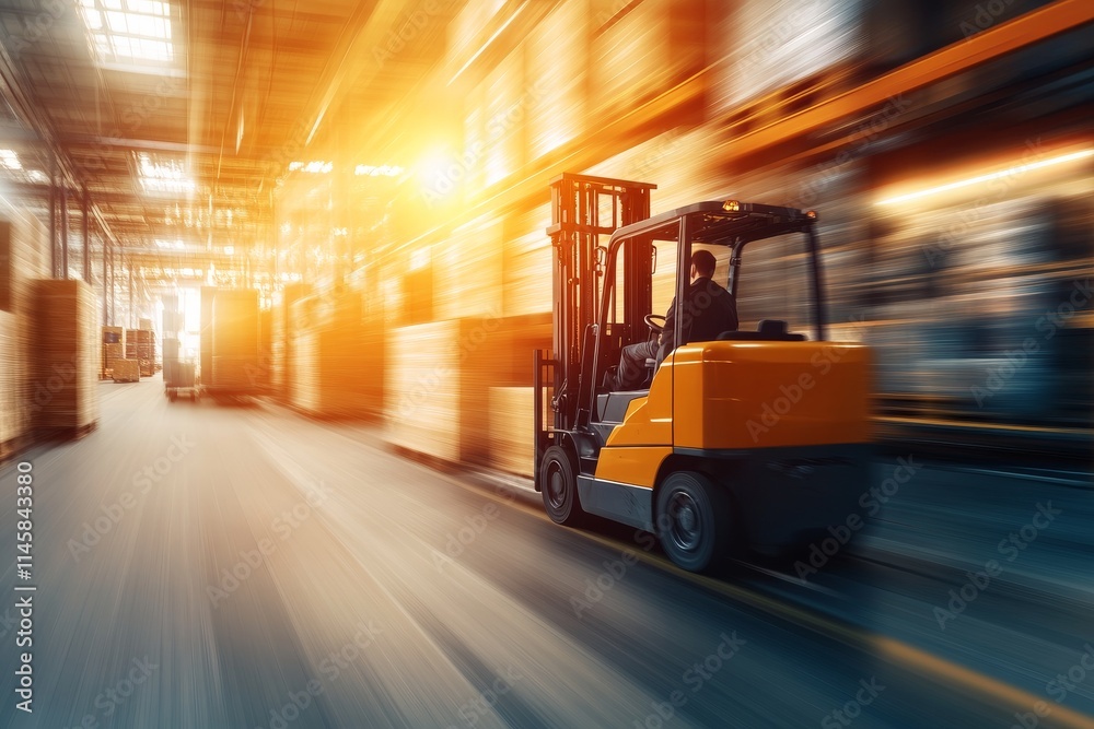 Busy warehouse environment with a forklift transporting pallets during sunset hours Busy warehouse environment with a forklift transporting pallets during sunset hours
