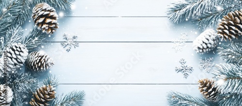 Winter holiday background with fir branches, pine cones, and snow on white wooden texture creating a festive seasonal atmosphere