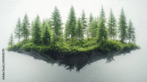 Floating island with lush green forest and fog.