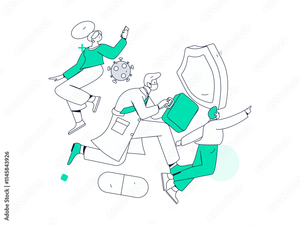 Obraz premium Medical characters fighting the epidemic flat vector concept operation hand drawn illustration 