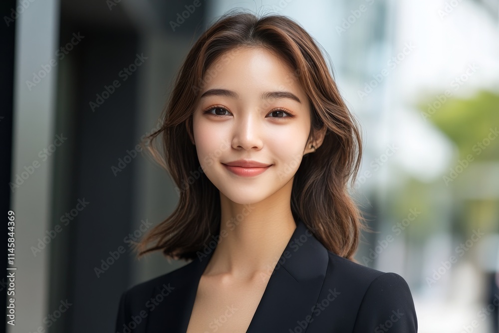 Young woman smiles confidently in stylish black suit outside a modern building during daylight Young woman smiles confidently in stylish black suit outside a modern building during daylight
