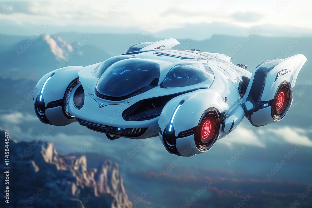 Futuristic flying car, urban air mobility, city air taxi. Passenger Autonomous Aerial Vehicle AAV in futuristic city. Generative AI