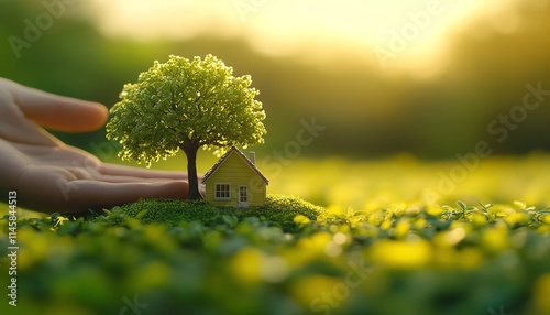 Sustainable ecoliving concept with a hand holding a miniature house and tree in a vibrant green field under soft sunlight photo