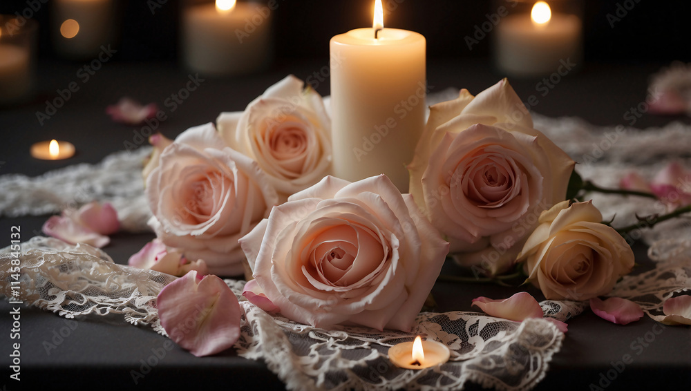 Obraz premium Candle Flame Surrounded by Rose Petals and Lace