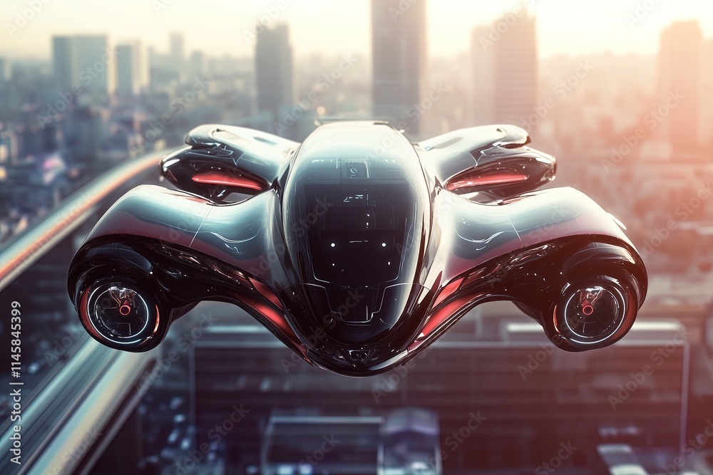 Futuristic flying car, urban air mobility, city air taxi. Passenger Autonomous Aerial Vehicle AAV in futuristic city. Generative AI Futuristic flying car, urban air mobility, city air taxi. Passenger Autonomous Aerial Vehicle AAV in futuristic city. Generative AI