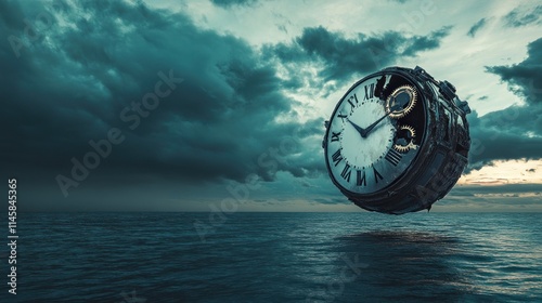 Broken clock floats above stormy sea.
