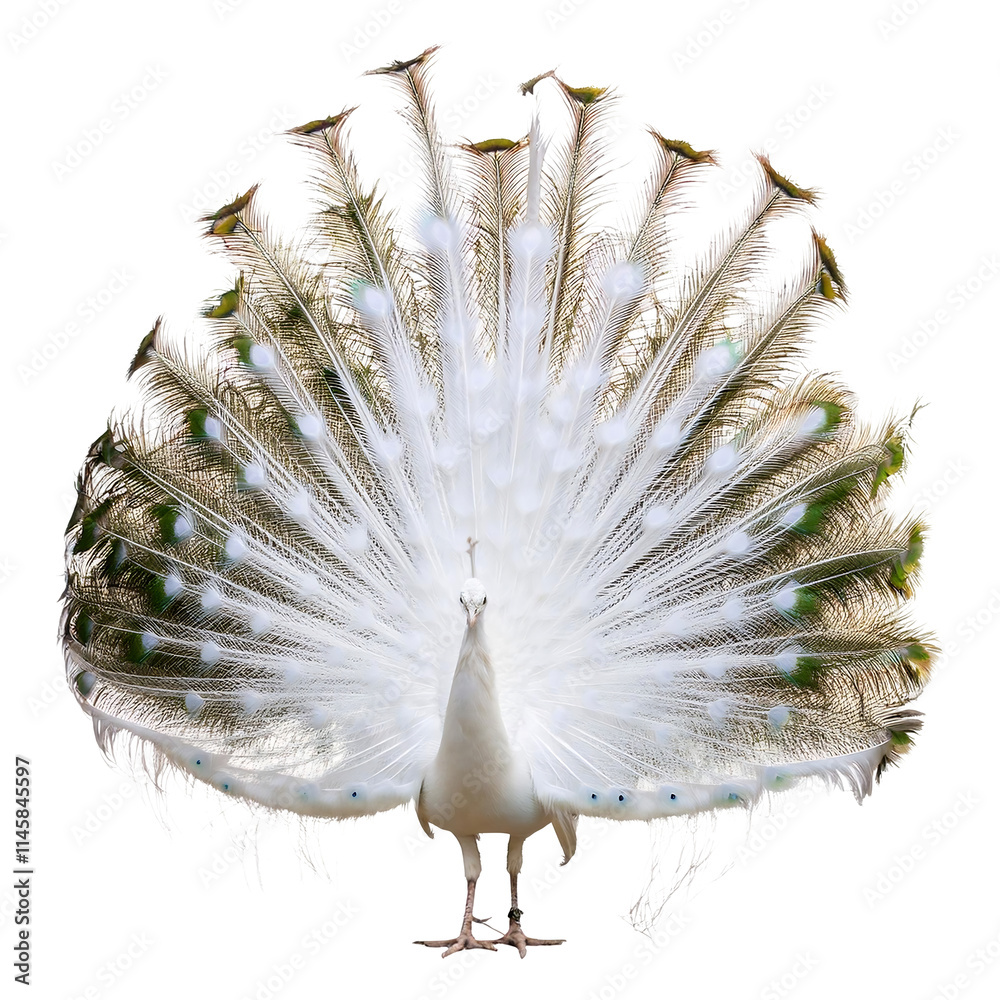 Obraz premium Realistic photo of a full body vibrant peacock displaying its tail feathers, isolated on transparent background
