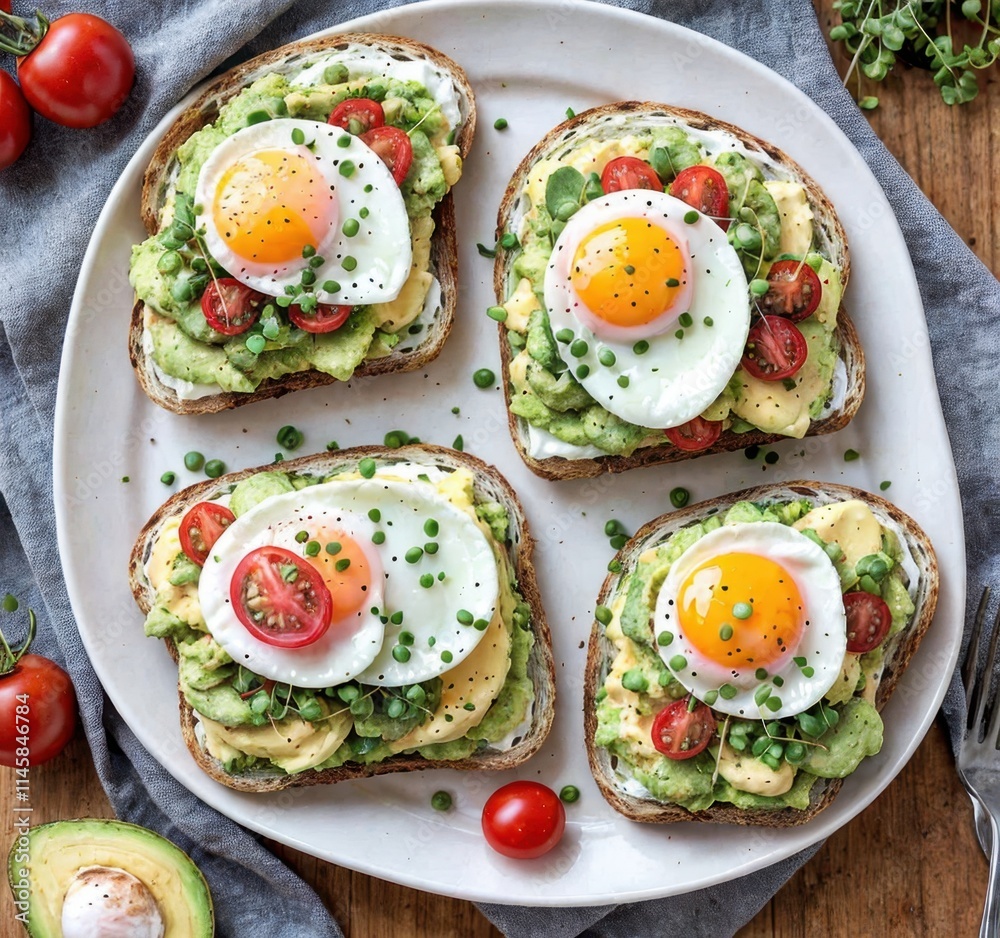 A plate of avocado toast topped with eggs, tomatoes, and herbs, beautifully arranged. A plate of avocado toast topped with eggs, tomatoes, and herbs, beautifully arranged.