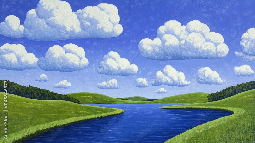 Serene landscape of fluffy clouds above a tranquil lake bordered by lush green hills on a clear blue sky day Serene landscape of fluffy clouds above a tranquil lake bordered by lush green hills on a clear blue sky day