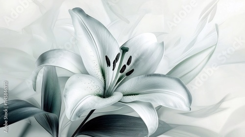 Elegant Floral Abstract Digital Art with Delicate Lily and Green Leaves on White Background