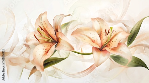 Soft Gradient Lily Flower Abstract Floral Art with Intricate Green Leaf Design