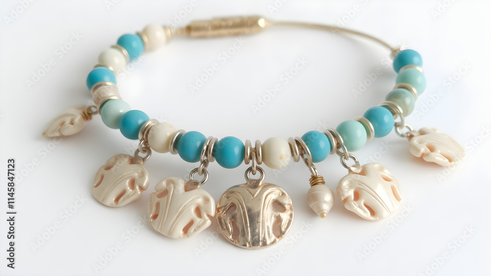 A bracelet with delicate shell charms and turquoise beads, isolated on white A bracelet with delicate shell charms and turquoise beads, isolated on white