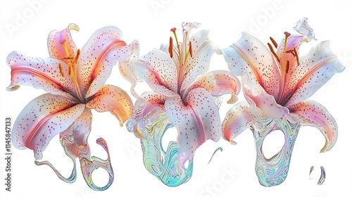Harmonious Lily Triptych with Vibrant Abstract Patterns on Bright White Background