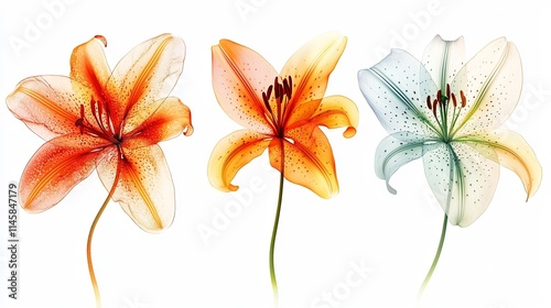 Harmonious Triptych of Unique Lily Flowers with Vibrant Abstract Patterns