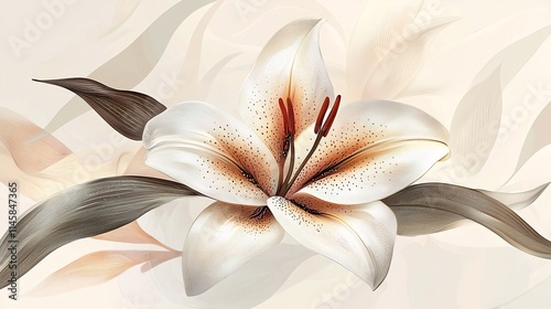 Elegant Abstract Floral in Warm Golden Tones and Fluid Leaf Shapes on White Canvas