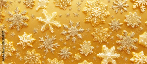 Gold festive background with intricate snowflakes and star-shaped cookies creating a celebratory atmosphere ideal for seasonal templates.