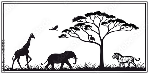 Silhouette of African wildlife featuring a giraffe, elephant, zebra, and birds around an acacia tree. Perfect for nature, wildlife, and safari-themed projects or educational materials