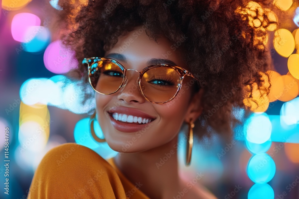 Smiling young woman in stylish sunglasses poses against colorful bokeh lights at night Smiling young woman in stylish sunglasses poses against colorful bokeh lights at night