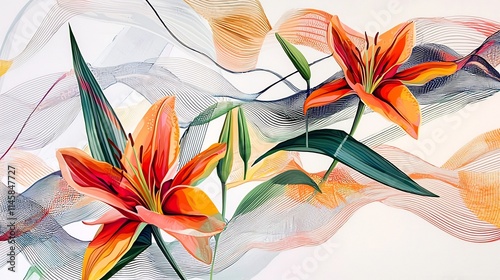 Vibrant Stylized Lilies Flowing in Abstract Minimalist Patterns