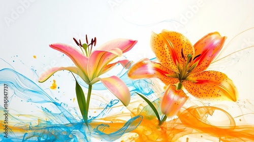 Vibrant Floral Art with Lilies in Abstract Minimalist Design