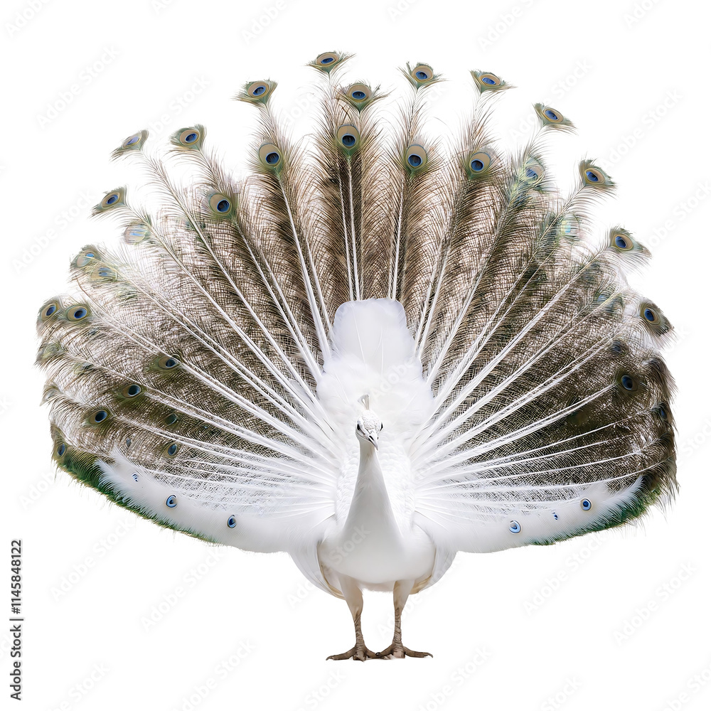 Obraz premium Realistic photo of a full body vibrant peacock displaying its tail feathers, isolated on transparent background