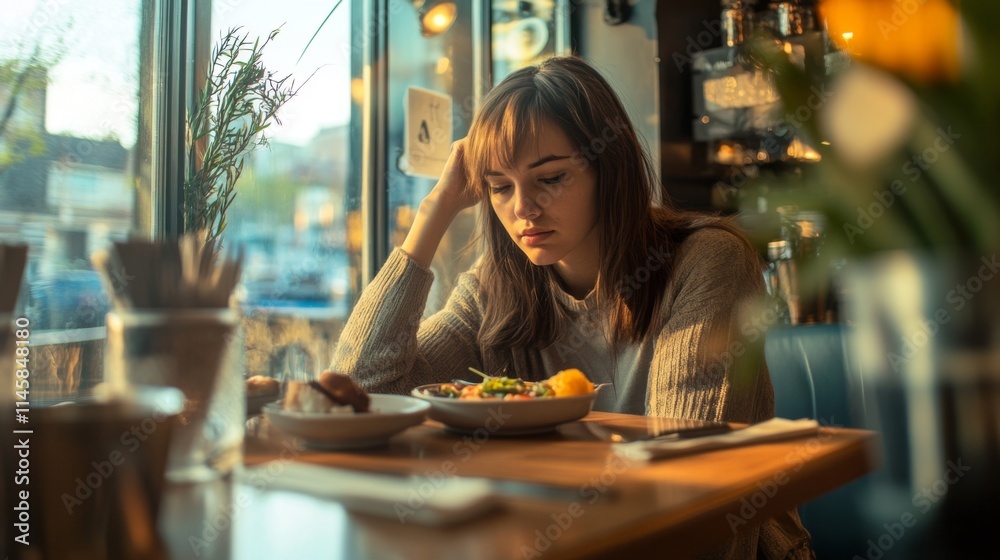Sad young woman sitting alone and waiting in restaurant by window Sad young woman sitting alone and waiting in restaurant by window