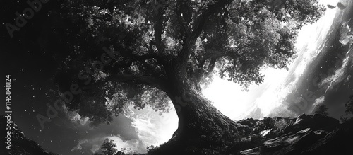 Majestic ancient tree silhouetted against a dramatic sky in black and white showcasing nature's beauty and timelessness. photo