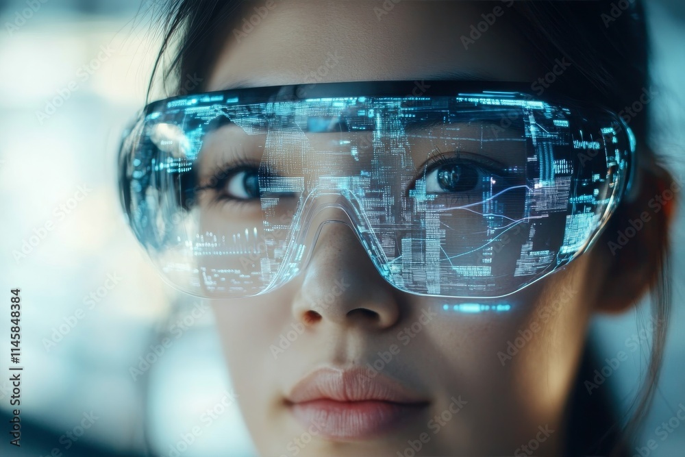 Person wearing futuristic augmented reality glasses in a tech-oriented environment showcasing digital information display Person wearing futuristic augmented reality glasses in a tech-oriented environment showcasing digital information display