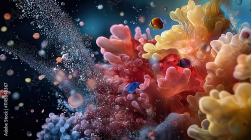 Colorful marine corals accompanied by tropical fish in a natural underwater habitat,