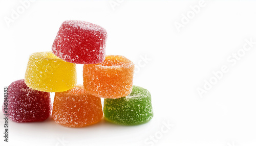 Stack of colorful sugar-coated jelly candies on a white background.