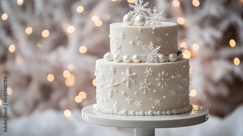 Fototapeta premium A beautifully designed two-tier cake adorned with snowflakes and pearls, set against a festive background.