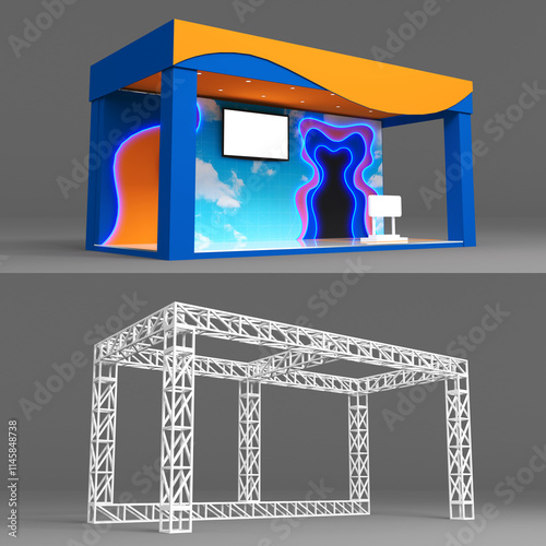 3d illustration stand booth 6x3 m with truss system rigging construction outdoor with flooring and photo booth display blank space logo company for event exhibition.  photo