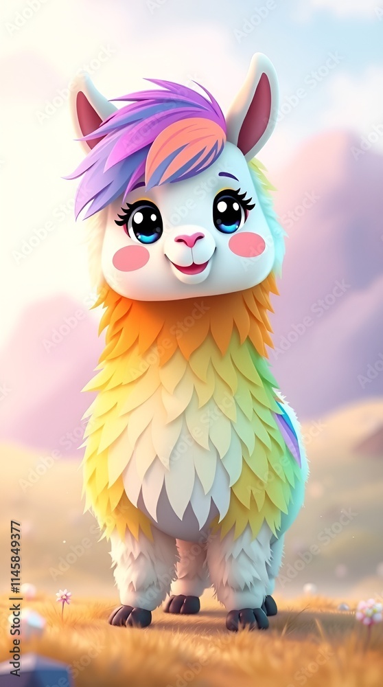 Fototapeta premium Adorable cartoon llama with a colorful mane and cheerful expression in a bright, sunny landscape