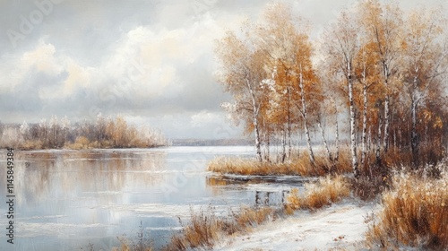 Wallpaper Mural Serene autumn landscape with birch trees by a frozen pond showcasing first snow and hoarfrost under a moody overcast sky Torontodigital.ca