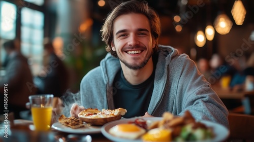 A smiling Ukrainian man eating Ukrainian food