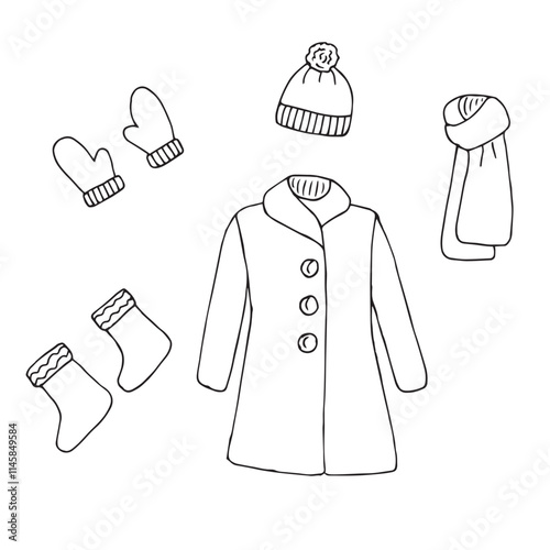 Winter clothes set, vector illustration hand drawing, doodles