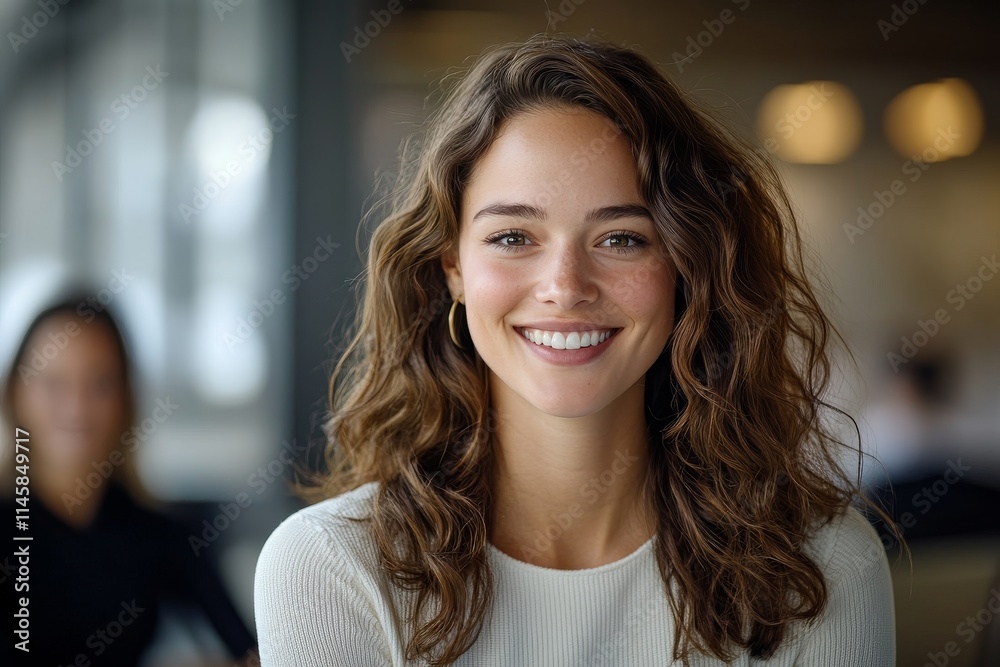 Fototapeta premium Smiling woman with curly hair seated in a modern cafe during the day