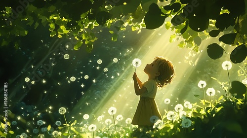 A child blowing dandelions with sunlight shimmering through the green leaves above 