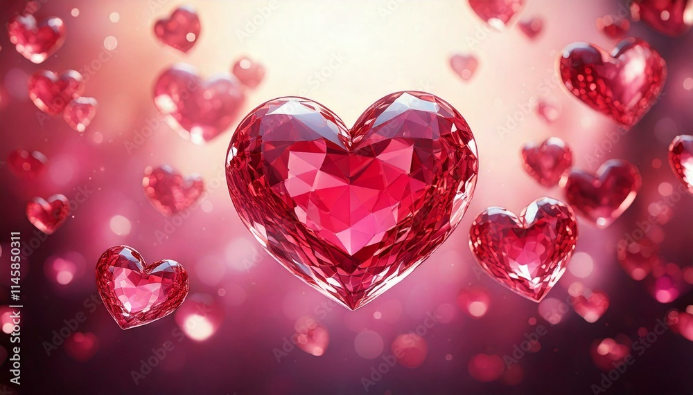 3D Illustration with Floating Red Crystal Hearts on Pink Gradient Background - Valentine's Day Theme. 3D Illustration with Floating Red Crystal Hearts on Pink Gradient Background - Valentine's Day Theme.