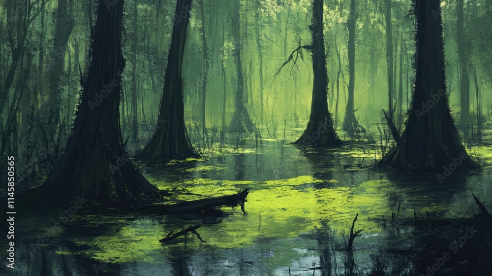 Fototapeta premium Mysterious swamp landscape with towering trees and lush green reflections in tranquil water creating an enchanting natural atmosphere.