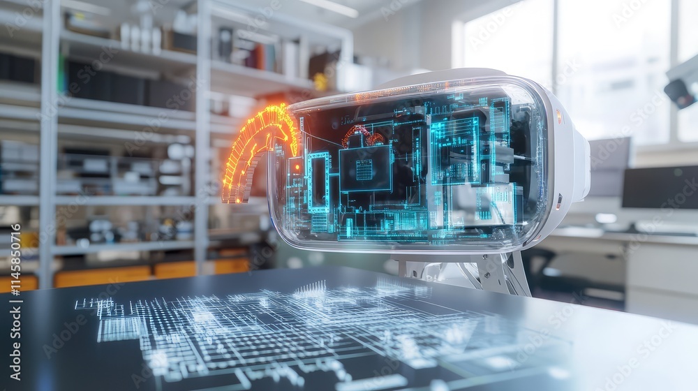 A virtual reality representation of a microchip design process, with a 3D model displaying its components being assembled digitally A virtual reality representation of a microchip design process, with a 3D model displaying its components being assembled digitally