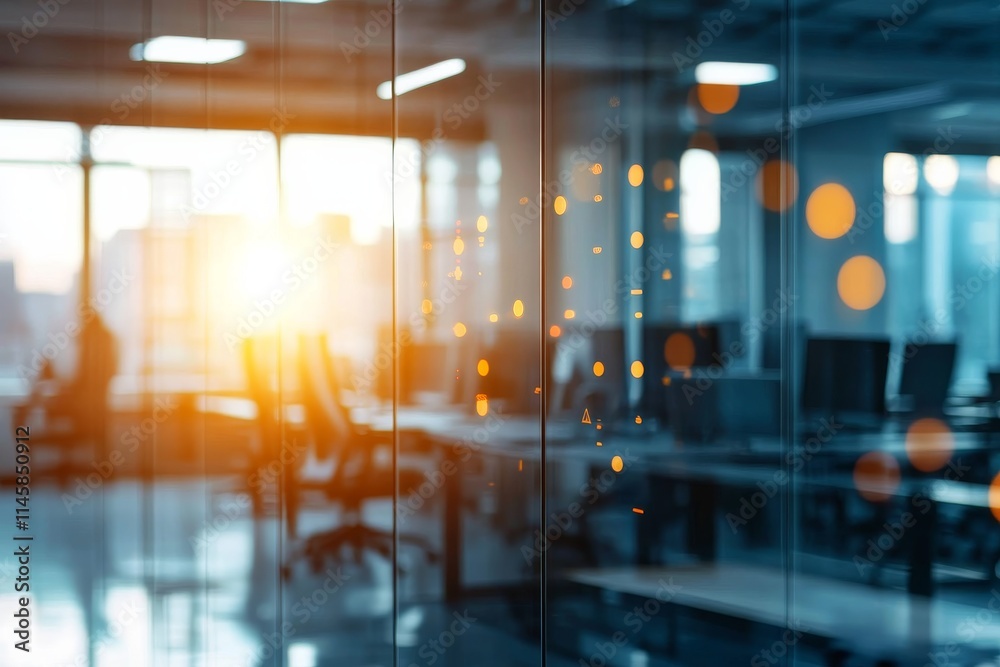Sunset light shines through office glass, creating a warm atmosphere in a modern workspace setting