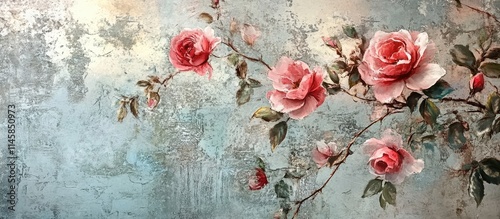Vintage floral background with romantic pink roses on textured blue surface for elegant design and artistic decoration purposes.