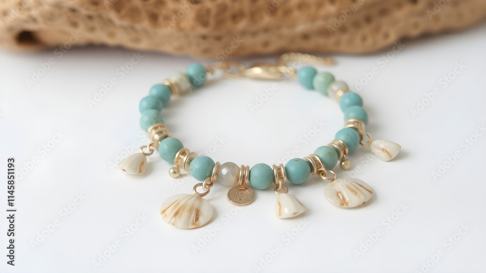A bracelet with delicate shell charms and turquoise beads, isolated on white A bracelet with delicate shell charms and turquoise beads, isolated on white